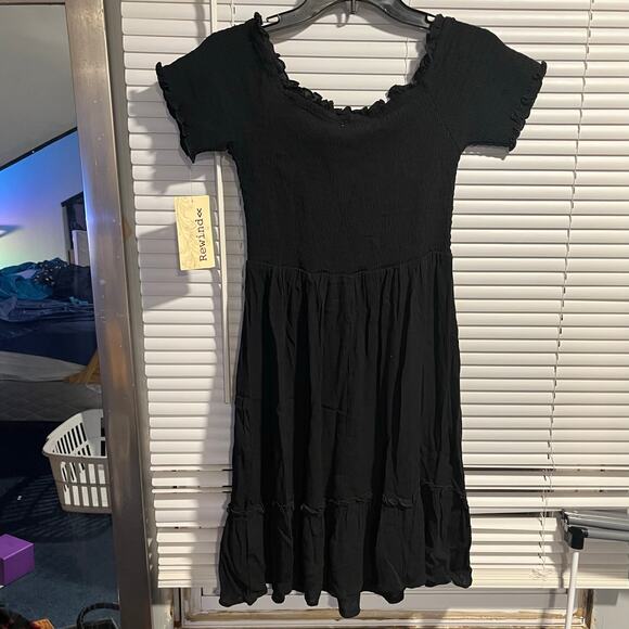 Black Smocked Tiered Mini Dress Cottagecore Skater Babydoll Fit Flowy M - Picture 5 of 7